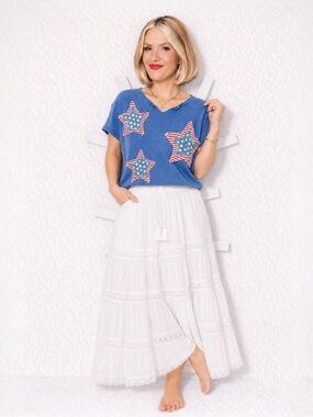 Boho ANNIEWEAR cottagecore patchwork stars Americana boxy tee shirt size L
